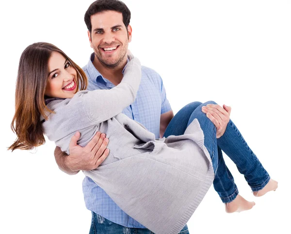 Glada unga par som åker snålskjuts — Stockfoto