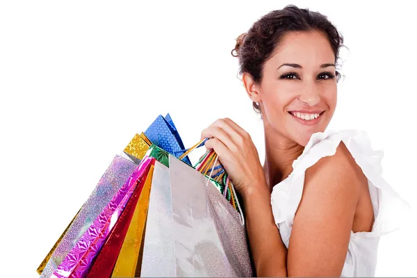Pretty young women smiling with bags — Stock Photo, Image
