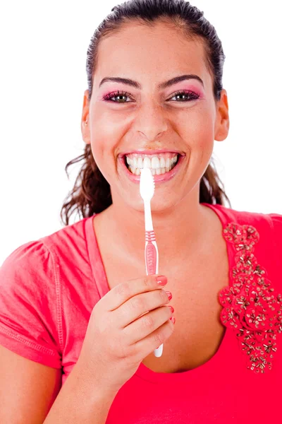 かわいい女性が彼女の歯を磨く — ストック写真