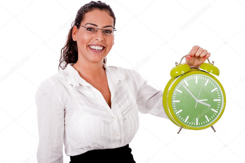 Business woman showing a green clock