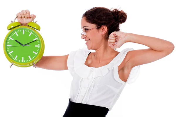 젊은 비즈니스 여자 들고 시계 — 스톡 사진