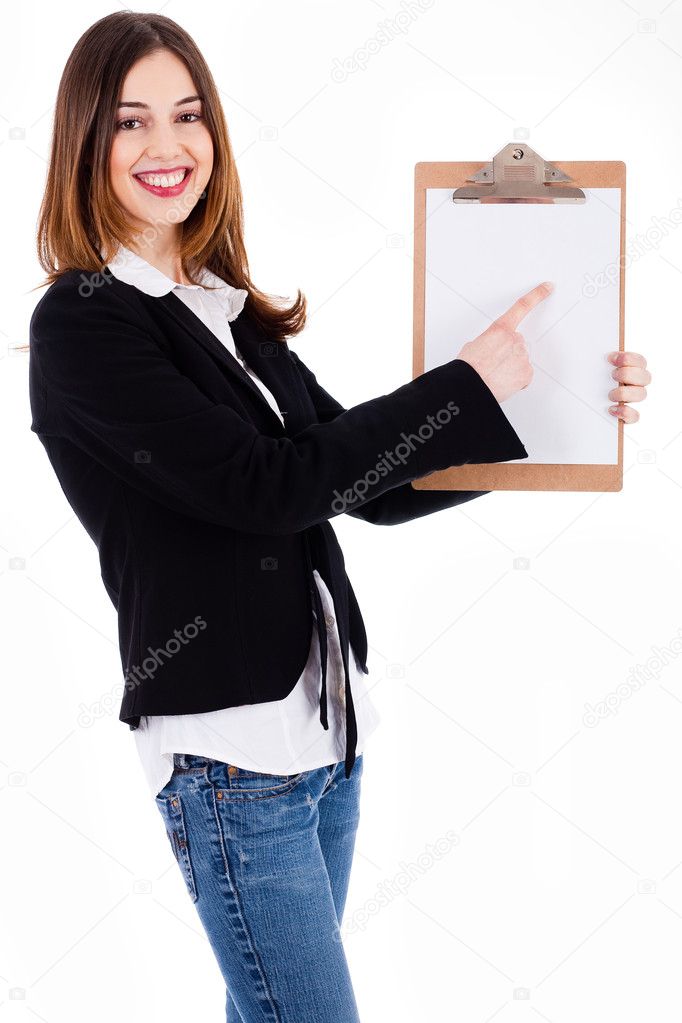Women pointing on a blank clip board