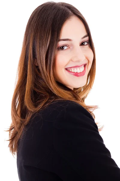 Fiatal gyönyörű modell mosolyogva oldalán pózol — Stock Fotó