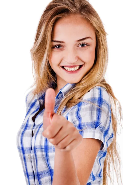 Feliz jovem senhora mostrando polegar — Fotografia de Stock