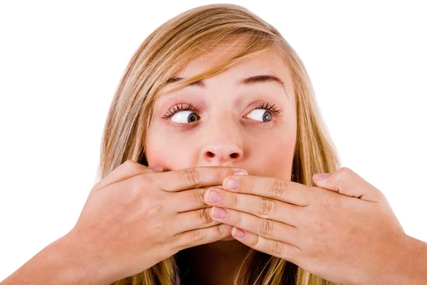 Fechar-se das mulheres que cobrem a boca — Fotografia de Stock