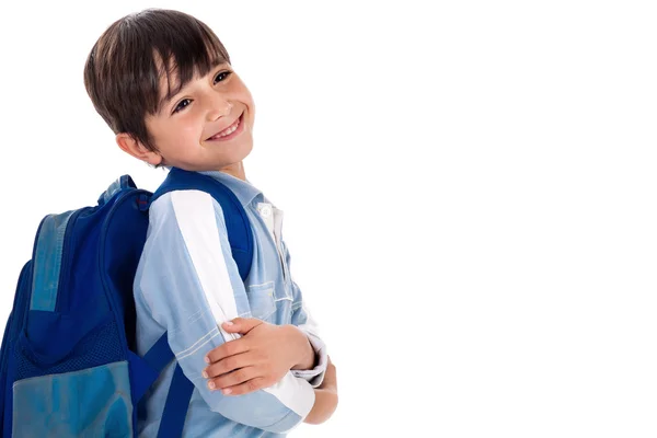 Αγόρι έτοιμο για το σχολείο με την τσάντα του — Φωτογραφία Αρχείου