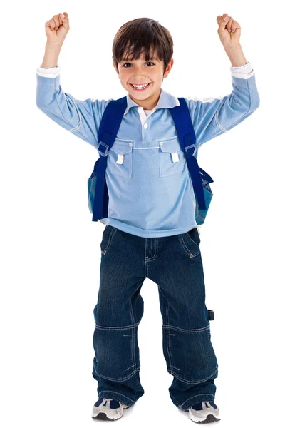 Školy chlapec, zvedá ruce nahoru — Stock fotografie