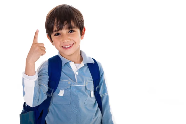 Jonge school jongen met vinger omhoog — Stockfoto