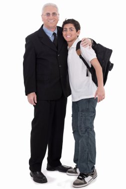 Old business man embraces a teenager clipart