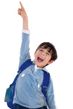 Young school boy excitingly shouts clipart