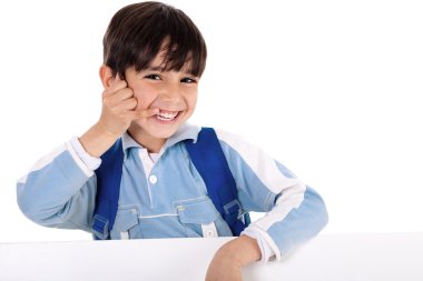 Smiling young boy acts as he talks over clipart