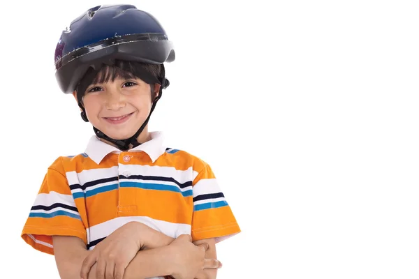 自転車に乗る準備ができて頭キャップ付きの子供 — ストック写真