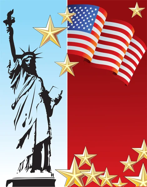 Staty av liberty bakgrund och amerikansk flagga — Stock vektor