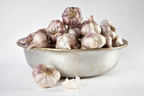 Garlic in a tin bow — Stock Photo, Image