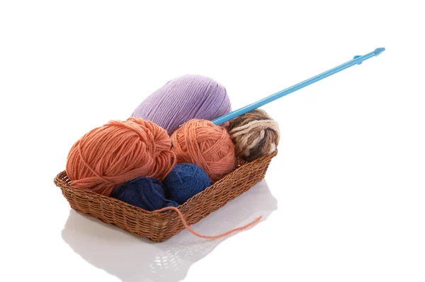 Knitting spokes with ball of wool in ba — Stock Photo, Image