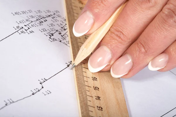 Female hands with a ruler and pencil — Stock Photo, Image