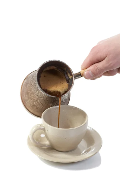 Coffee poured from coffee maker in cup i — Stock Photo, Image