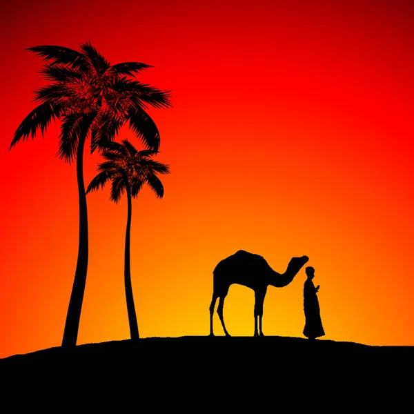 沙漠与男子和孤独的骆驼 — 图库矢量图片#
