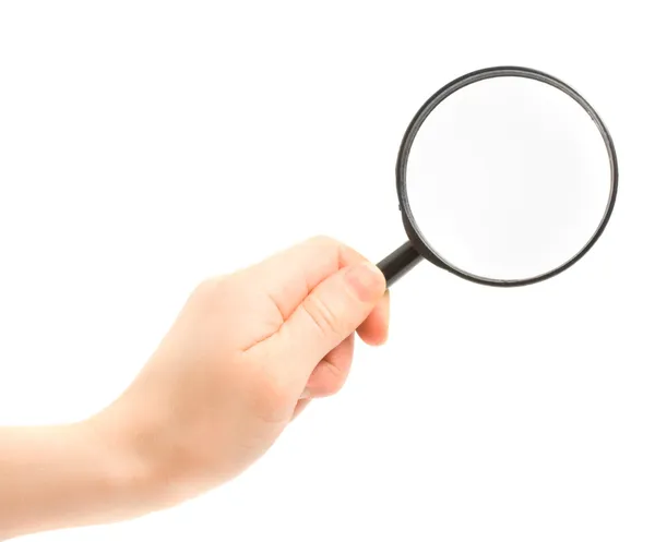 Woman hand holding magnifying glass isol — Stock Photo, Image