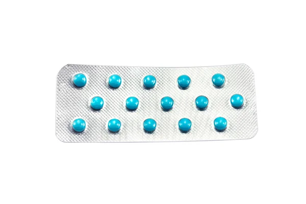 Packung blauer Tabletten, isoliert auf der — Stockfoto