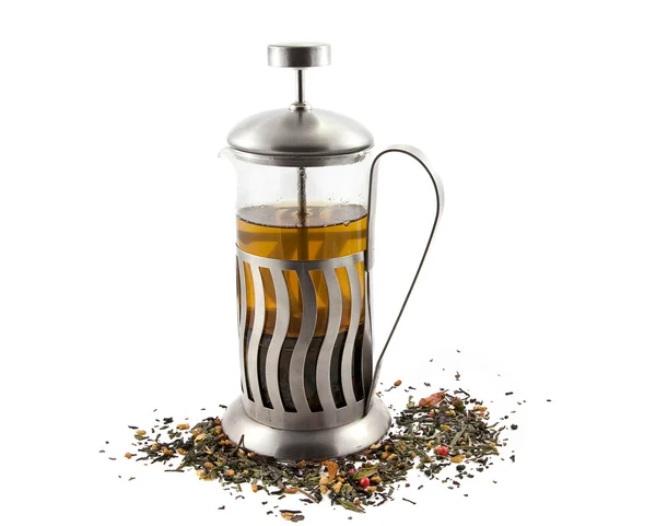 French press with tea — Stock Photo, Image