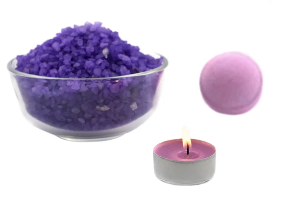 Violet salt wiih candle and bath ball — Stock Photo, Image