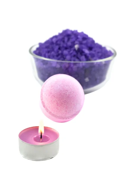 Violet salt with candle and bath ball — Stock Photo, Image