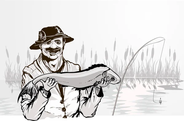 Pescador com o peixe — Vetor de Stock