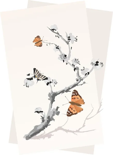 Ciruela y mariposas — Vector de stock