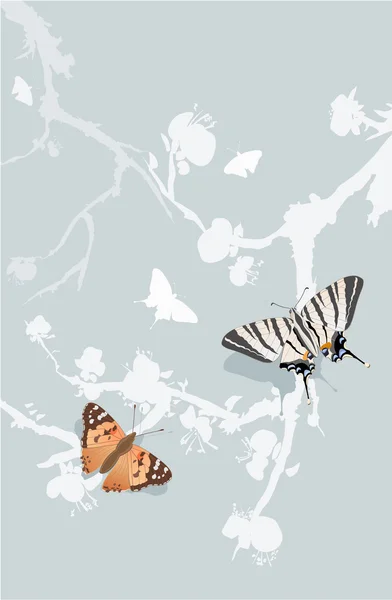 Ciruela floreciente y mariposas — Vector de stock