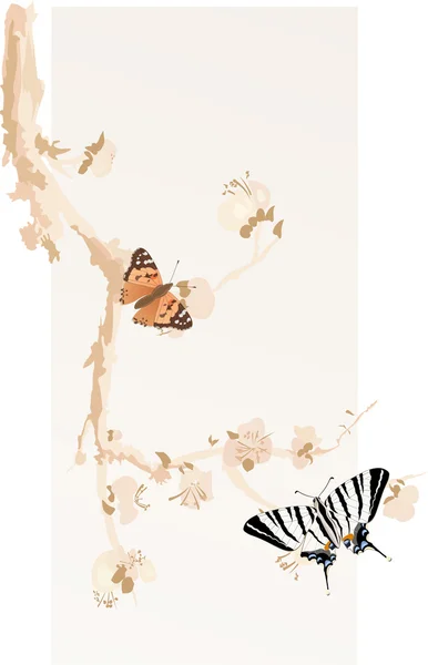 Ameixeira e borboletas — Vetor de Stock