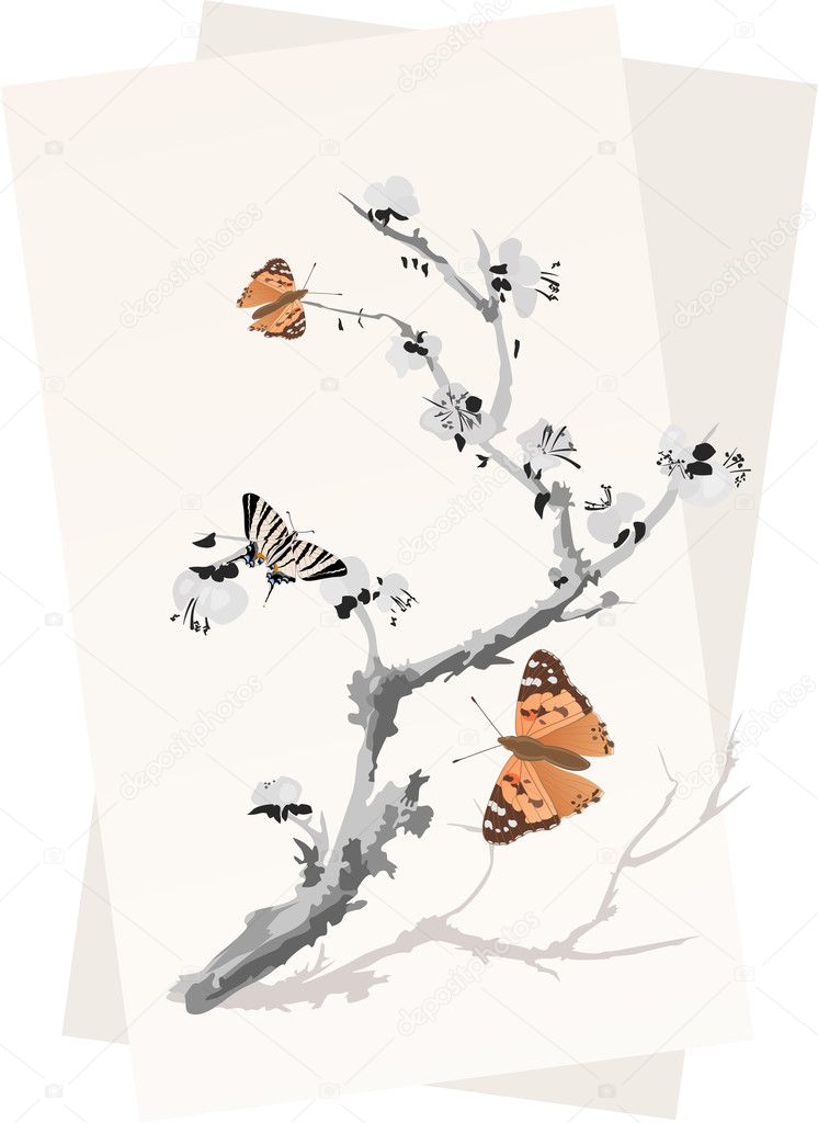 Plum-tree and butterflies