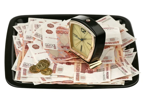 오래 된 알람 시계와 새로운 돈을 — 스톡 사진