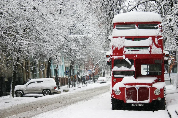 Red double-decker in winter — Stock Photo, Image