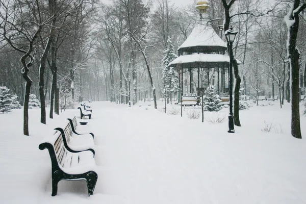 Πάρκο της πόλης με τα καταστήματα και το χειμώνα — Φωτογραφία Αρχείου