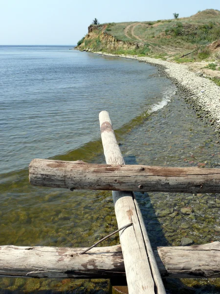 Logs and stones on seacoast — Stock Photo, Image