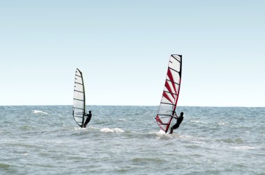 Two windsurfers on waves of a sea clipart