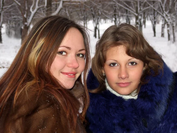 Portrét dvou dívek v zimě v p — Stock fotografie
