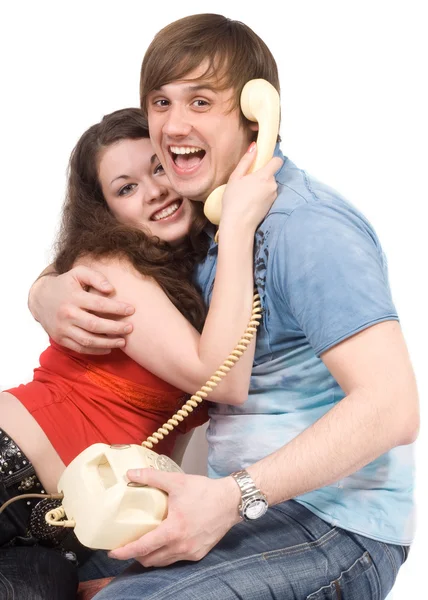 Το νεαρό ζευγάρι με παλιά τηλέφωνο. αστεία p — Φωτογραφία Αρχείου