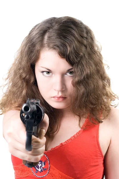 Jonge vrouw met een pistool. geïsoleerd op w — Stockfoto