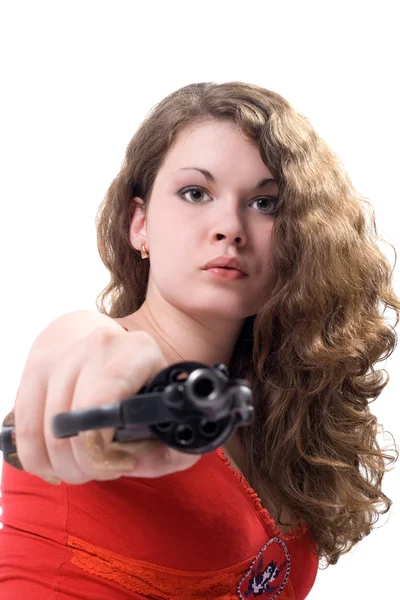 Junge Frau mit Revolver. isoliert auf — Stockfoto