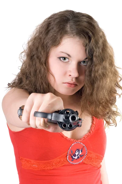 Bir tabanca ile genç bir kadın. izole üzerinde — Stok fotoğraf