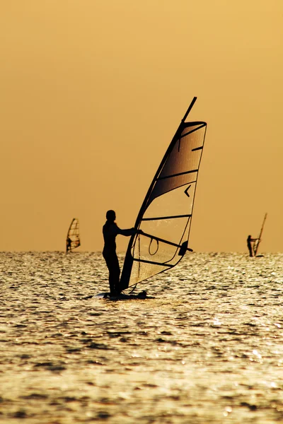 Silhouettes of a windsurfers on waves of — Stock Photo, Image
