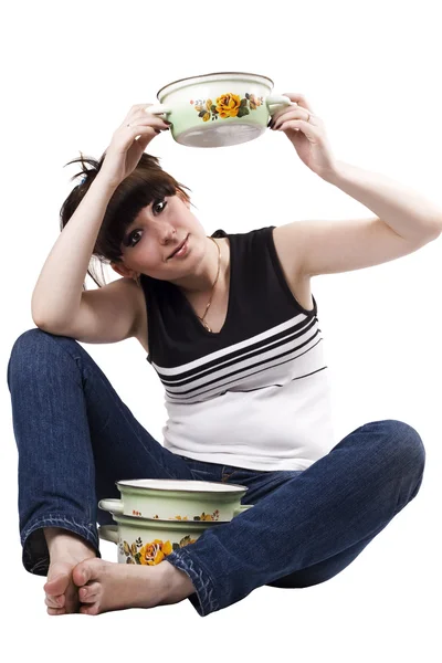 The mad housewife with saucepan. funny p — Stock Photo, Image