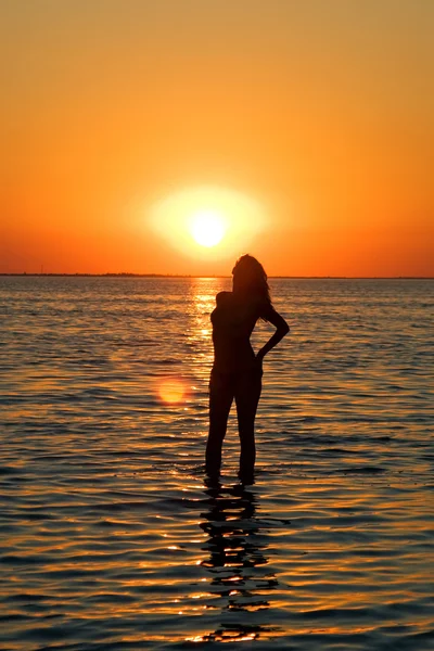 Silhouette of the young woman on a gulf — Stock Photo, Image
