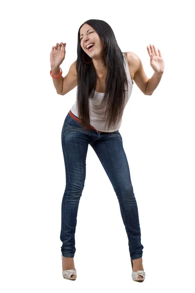 The happy beautiful young woman in jeans — Stock Photo, Image