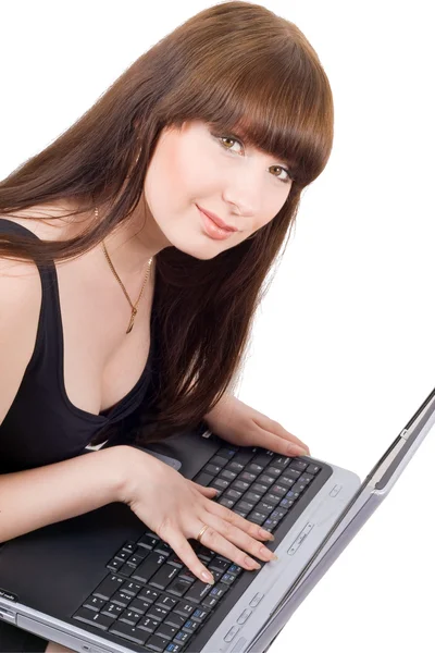 The young businesswoman sits with the la — Stock Photo, Image