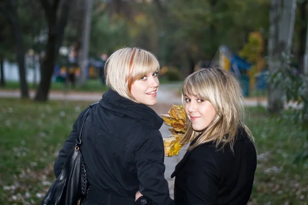 Portrait of the two young women in autum — Stock Photo, Image