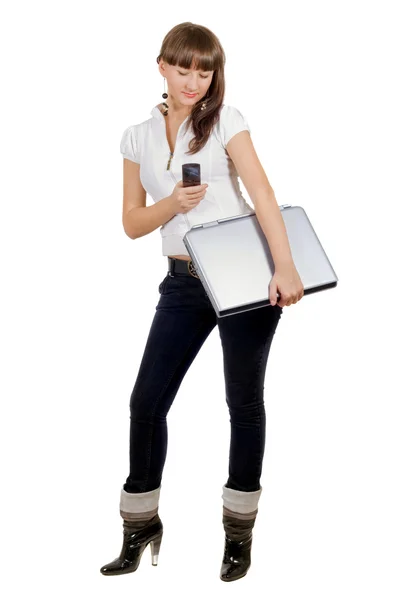 Affärskvinna med laptop och telefon över — Stockfoto