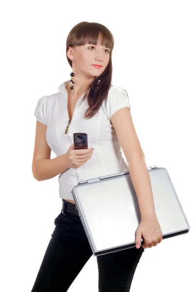 Donna d'affari con telefono e laptop oltre — Foto Stock
